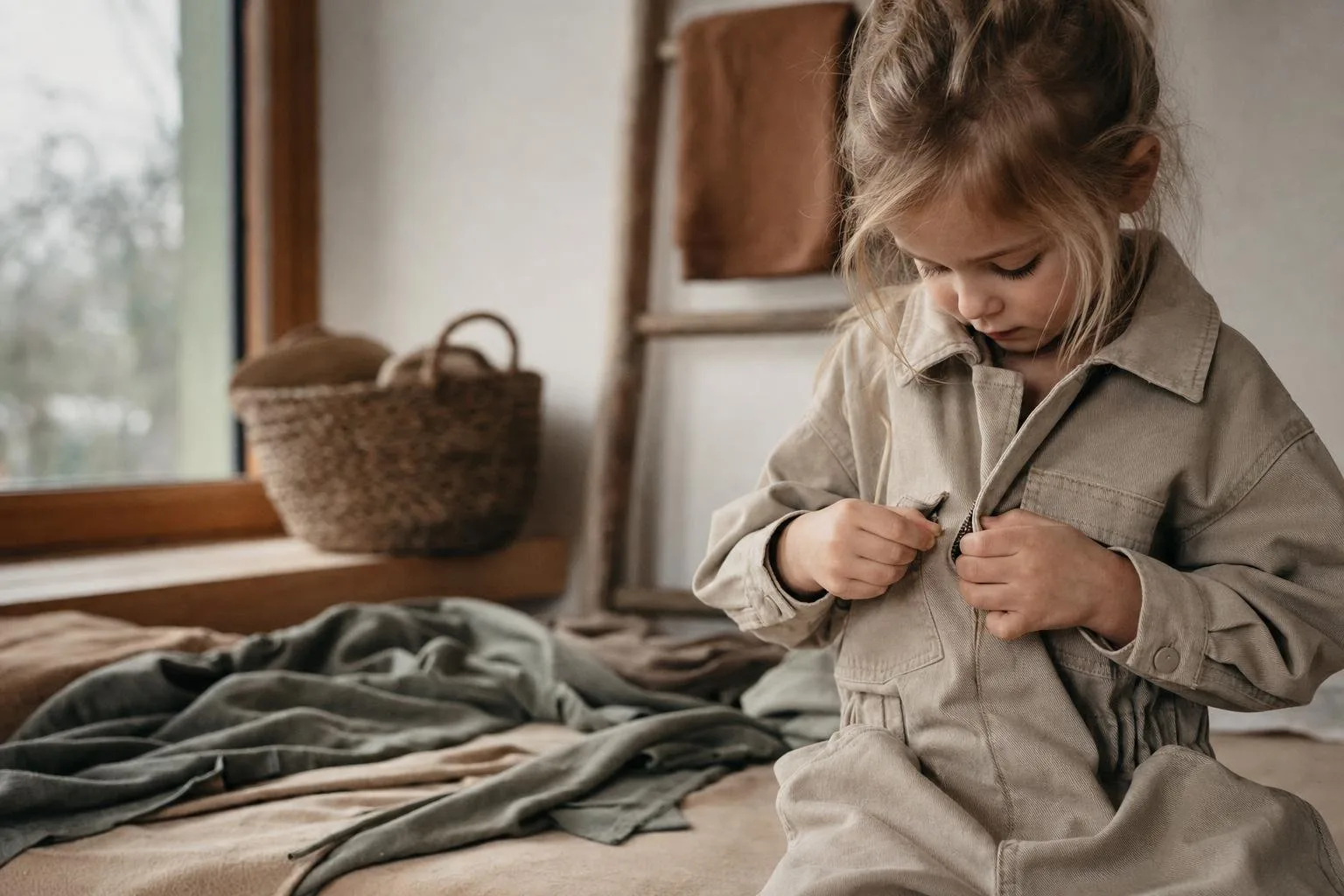 Children's clothing flat lay of knits and outerwear on a soft neutral backdrop